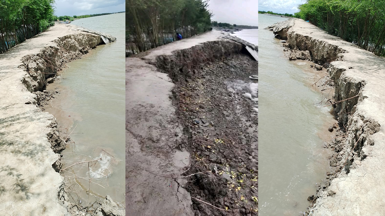 কপোতাক্ষ নদের বেড়িবাঁধে ভাঙন, আতঙ্কে এলাকাবাসী
