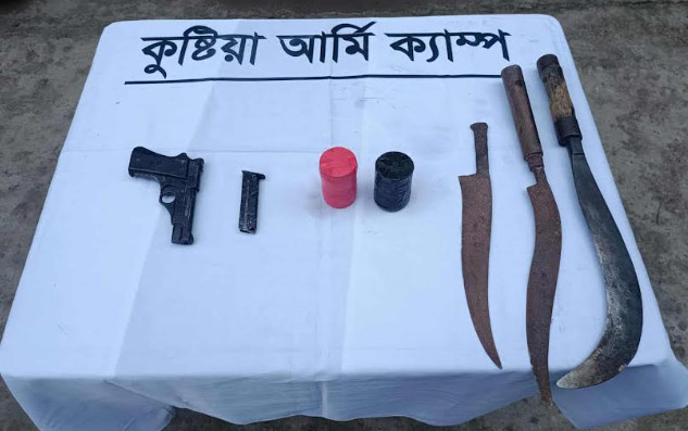 ভেড়ামারায় সেনাবাহিনীর পৃথক অভিযানে বিদেশি  পিস্তল ও ককটেল বোমা উদ্ধার