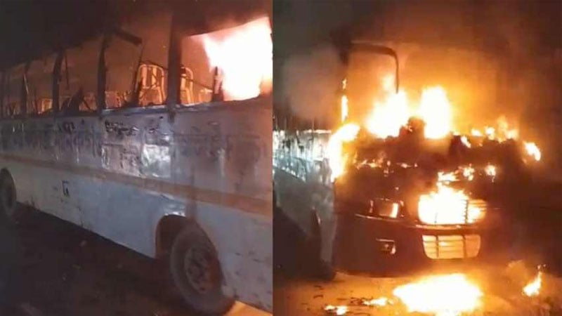 সাত জেলায় ককটেল, আগুন স্কুল বাসের চালক দগ্ধ