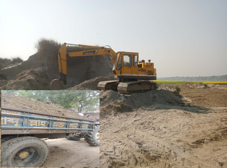 চাঁপাইনবাবগঞ্জের বালিয়াডাঙ্গায় রাতে ও দিনে দুপুরে নদীর বালি মাটি কেটে হরিলুট নিরব প্রশাসন